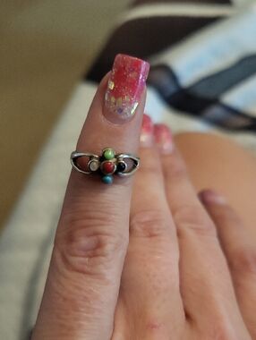 Multi-Stone Silver Ring with Turquoise, Coral, and Pearl Accents